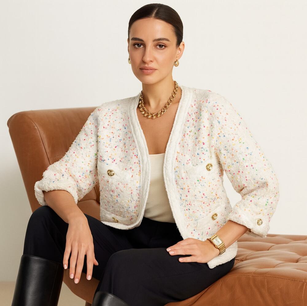 EDWARD ACHOUR PARIS Short Tweed Multicolor Blazer Jacket Pearl Sz M $1,365 II52